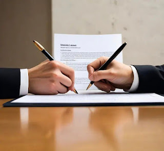 two men signing contract in office