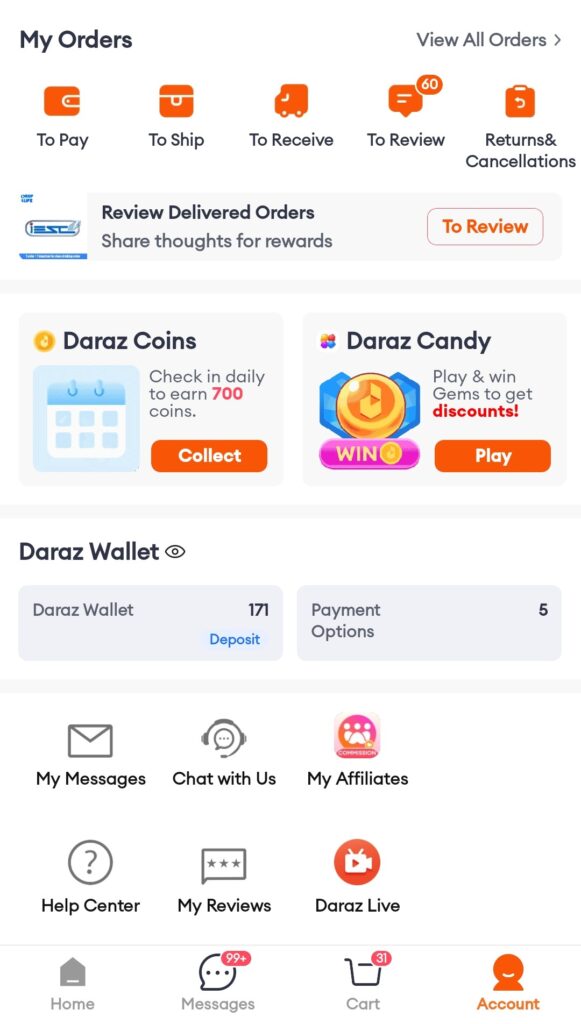 daraz app image for paying utility bills through credit card in Pakistan