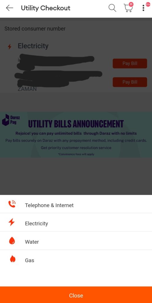 daraz app image for paying utility bills through credit card in Pakistan