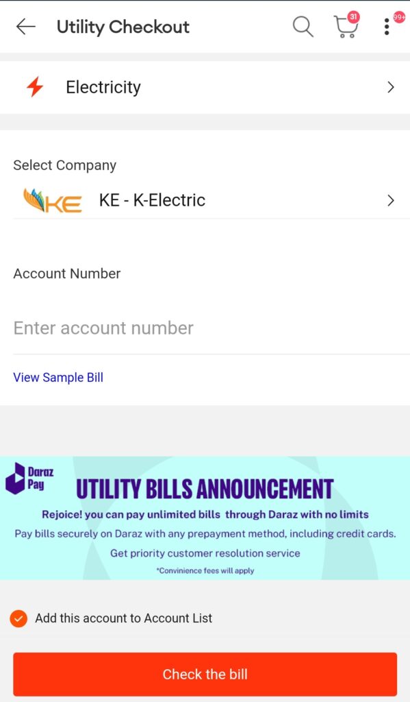 daraz app image for paying utility bills through credit card in Pakistan